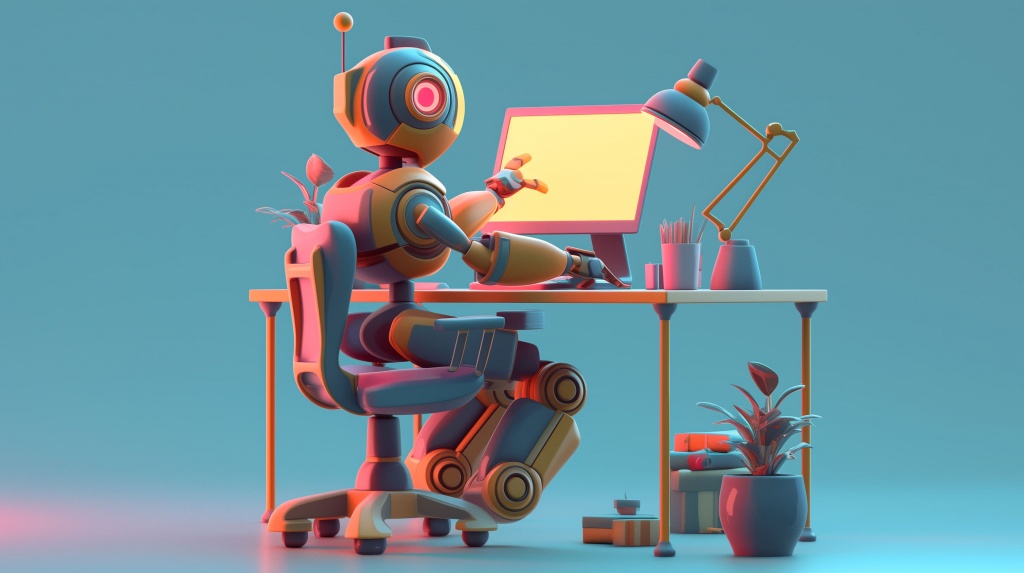 Поисковый робот Яндекс работает ща компьютером в 3D стиле Поисковый робот Яндекс работает ща компьютером в 3D стиле